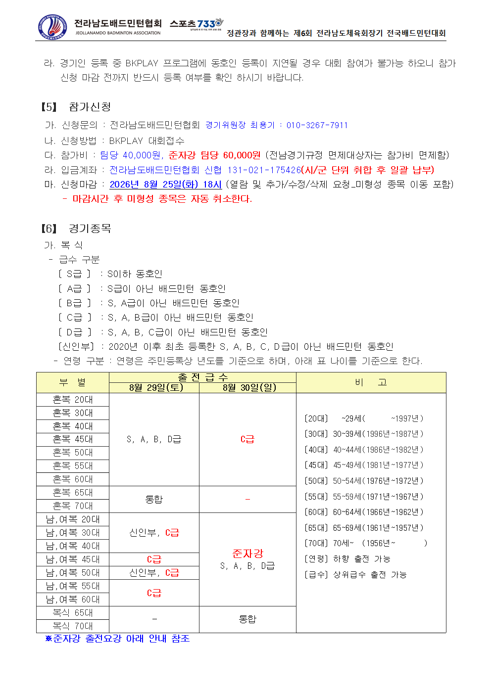 ‘정관장과 함께하는’ 제6회 전라남도체육회장기 전국배드민턴대회[준자강,S급 전국오픈] - 이미지 4